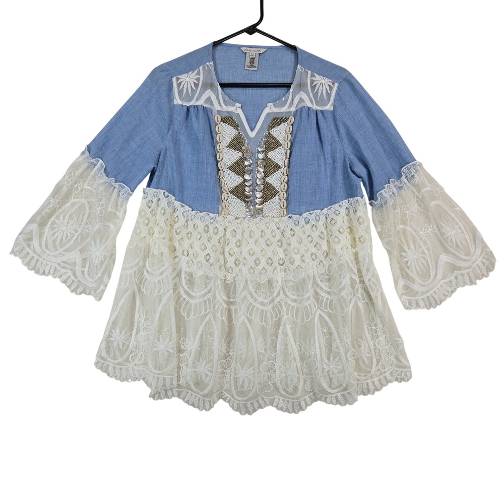 John Mark Womens Beaded Lace Tunic Top M Blue Boho Coastal Shell Bell Sleeves